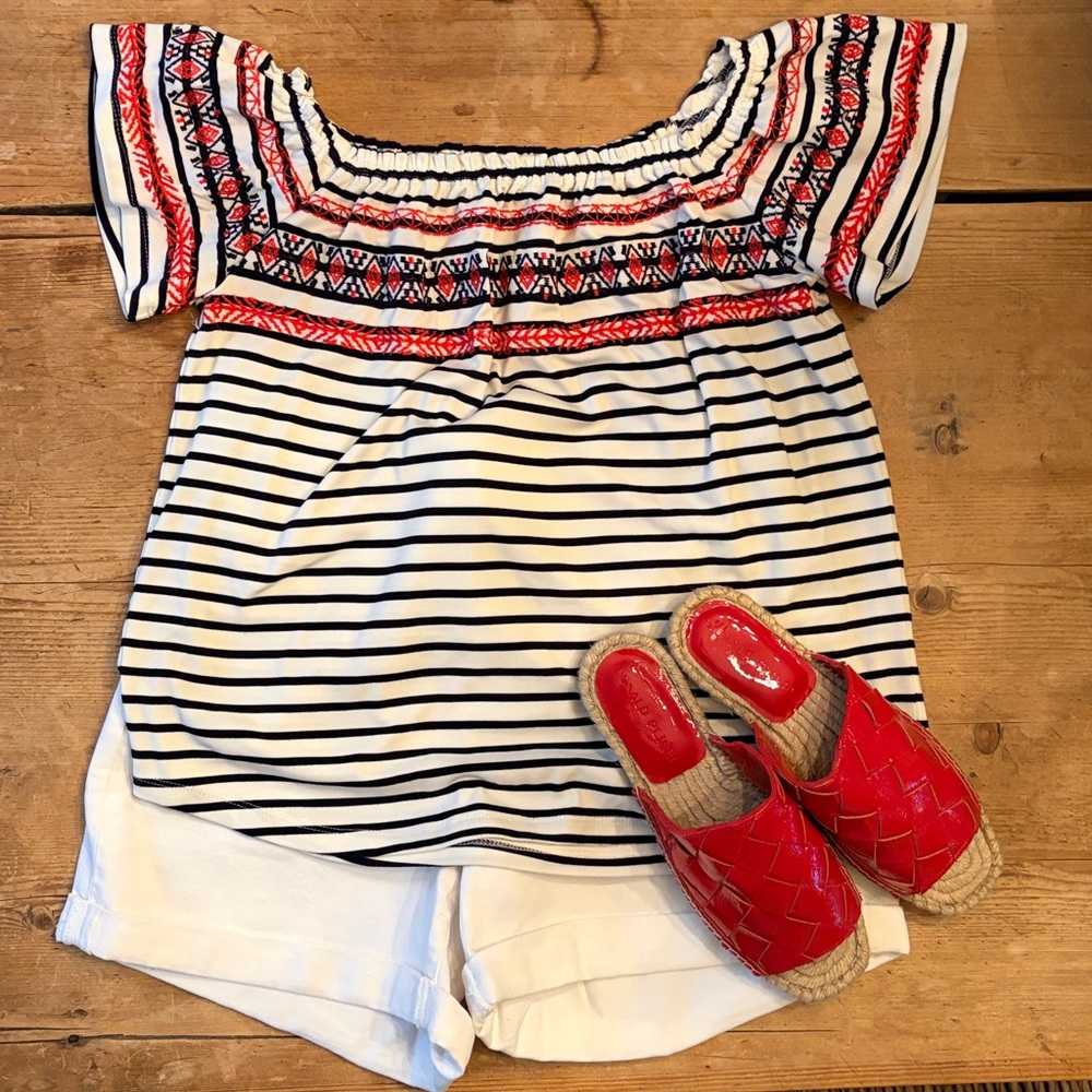 THML “Mariah” Black White Striped Peasant Top with Red Black Boho Embroidery